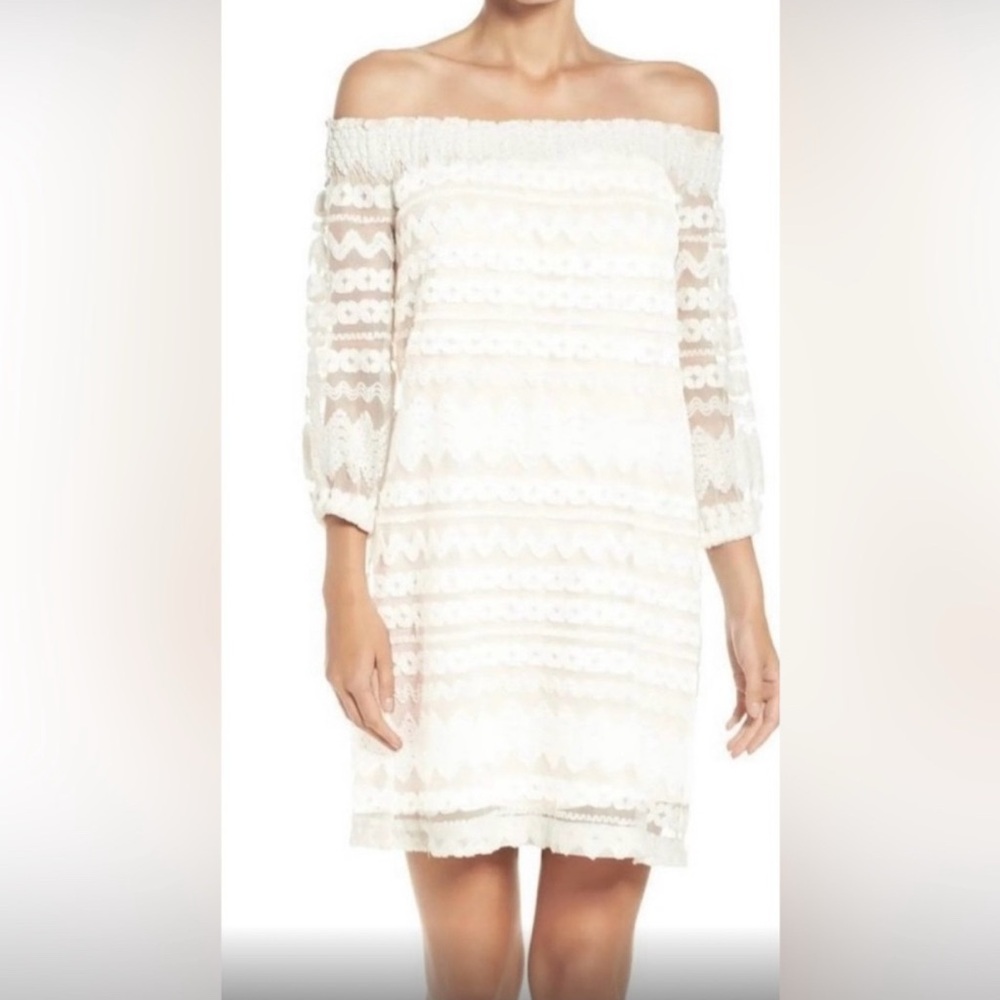 Trina Turk Hoku Off the Shoulder Embroidered Bridal Romantic Mini Dress Vaca XS